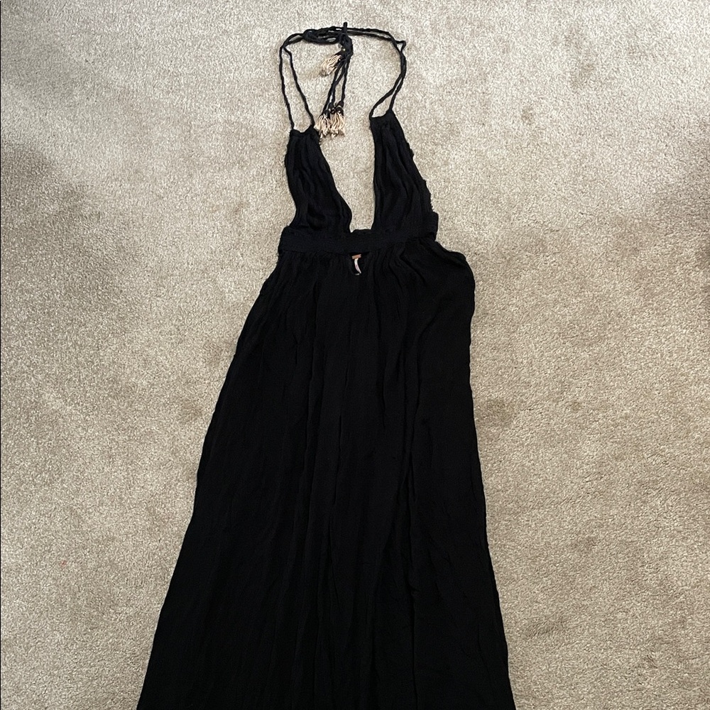 Free People Black Halter Maxi Dress with Tassel Tie